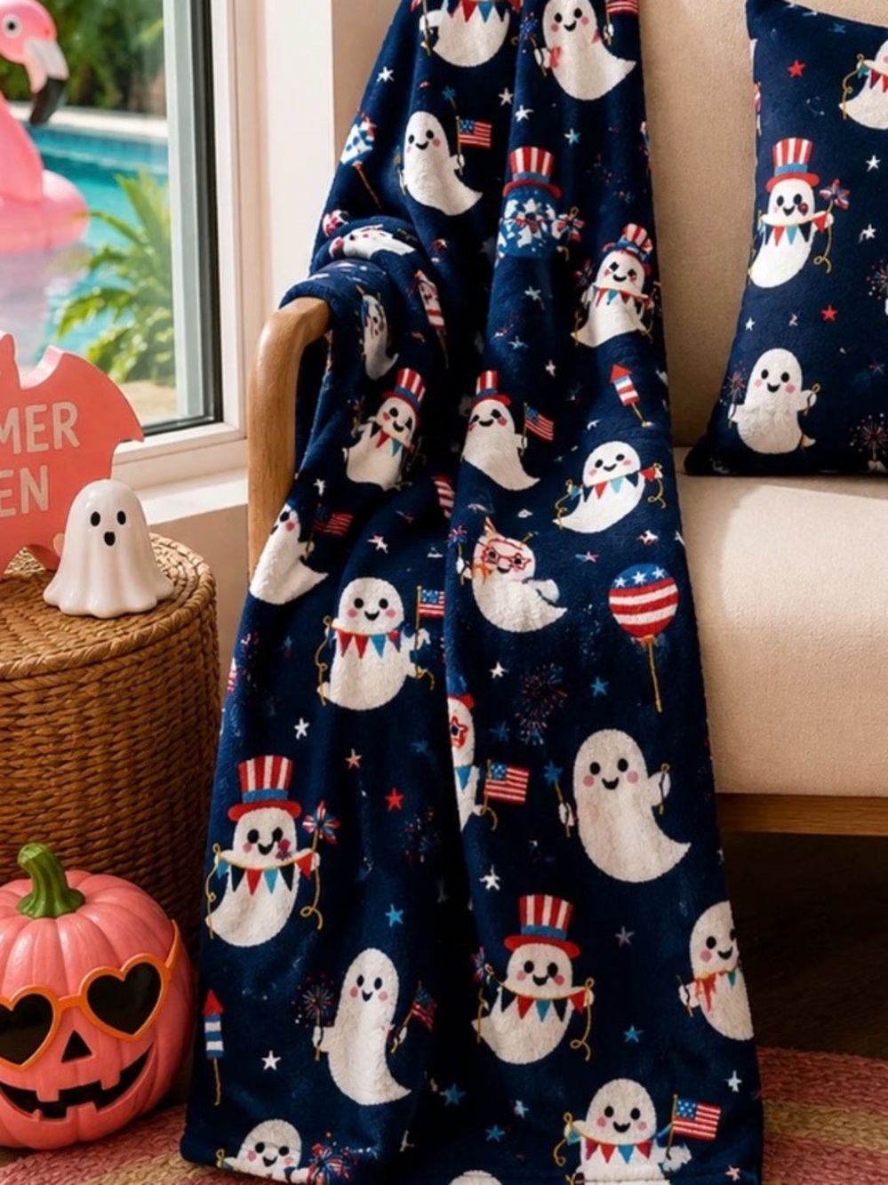 Navy Blue Ghost Print SUMMERWEEN Blanket